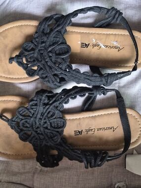 American Eagle Outfitters Black Braided T-Strap Sandals